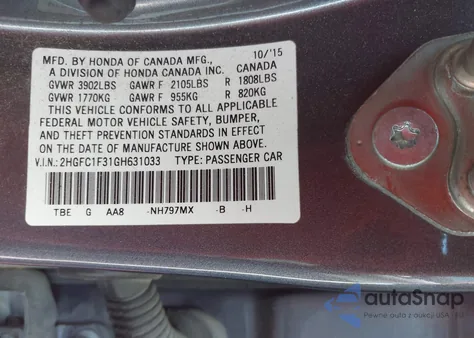 2016 Honda Civic Ex-T from USA, damaged, VIN 2HGFC1F31GH631033